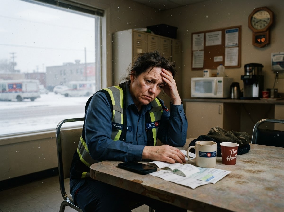 A Canadian letter carrier in a high-visibility safety vest, still in postal uniform, sitting alone at a small break-room table after a shift with a few receipts, bills, and a phone on the table, one hand resting on their forehead, worried furrowed brow, looking down; light snow flurries visible through the break-room window in the background, warm but tired indoor light.