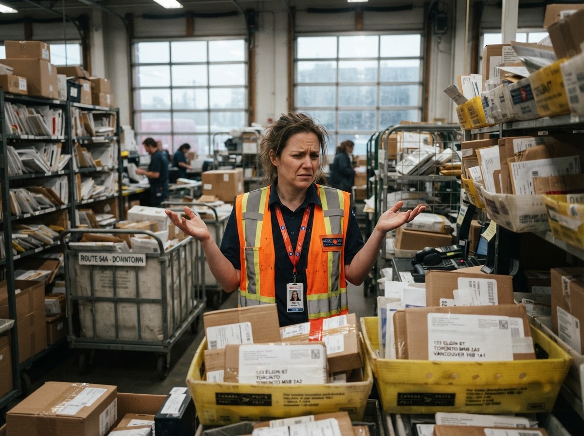 A Canadian letter carrier in a high-visibility safety vest over a postal uniform, standing inside a busy postal depot sorting floor before a wall of stacked parcels and overflowing mail trays, hands half-raised, squinting with a stressed, overwhelmed, scattered expression as they try to figure out what to tackle first; soft flat overcast light from the loading-bay windows and faint rain beyond the bay doors.
