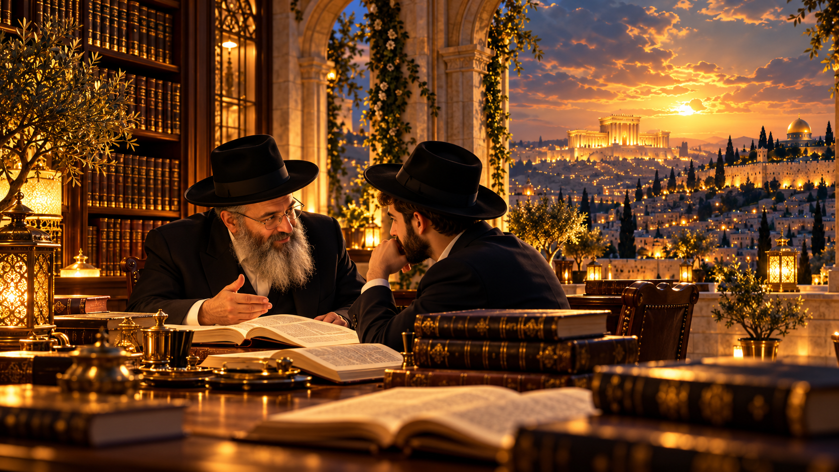 The Chavruta of Light — Intimate master-disciple study, deep dialogue over open texts by candlelight