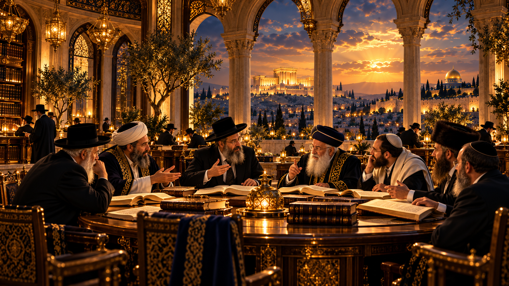 The Council of Sages — Diverse rabbis and scholars seated at the round council table in scholarly deliberation