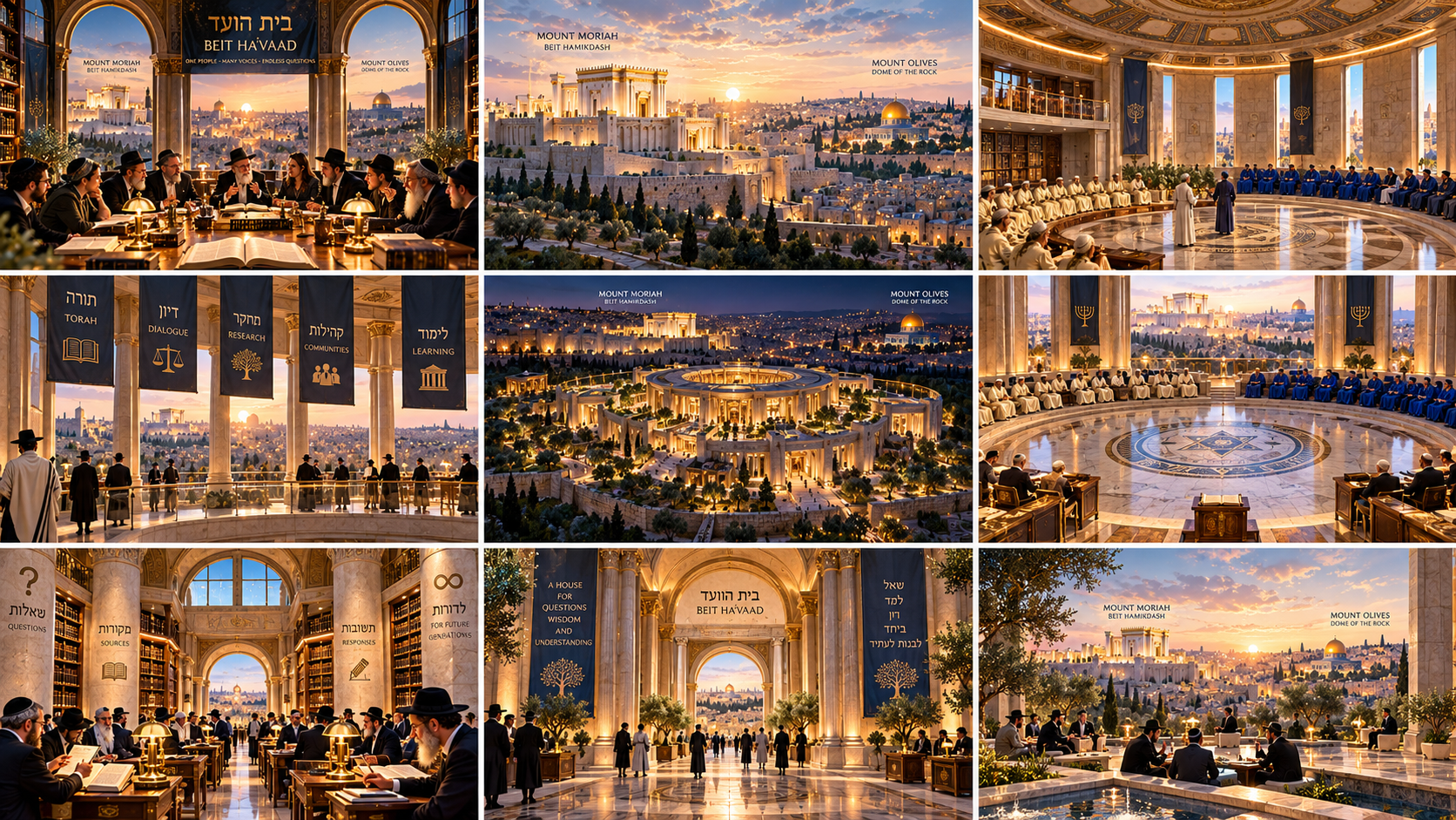 The Nine Halls of Beit Ha'Vaad — Comprehensive multi-panel vision of the study halls, terraces, council, and illuminated library at night