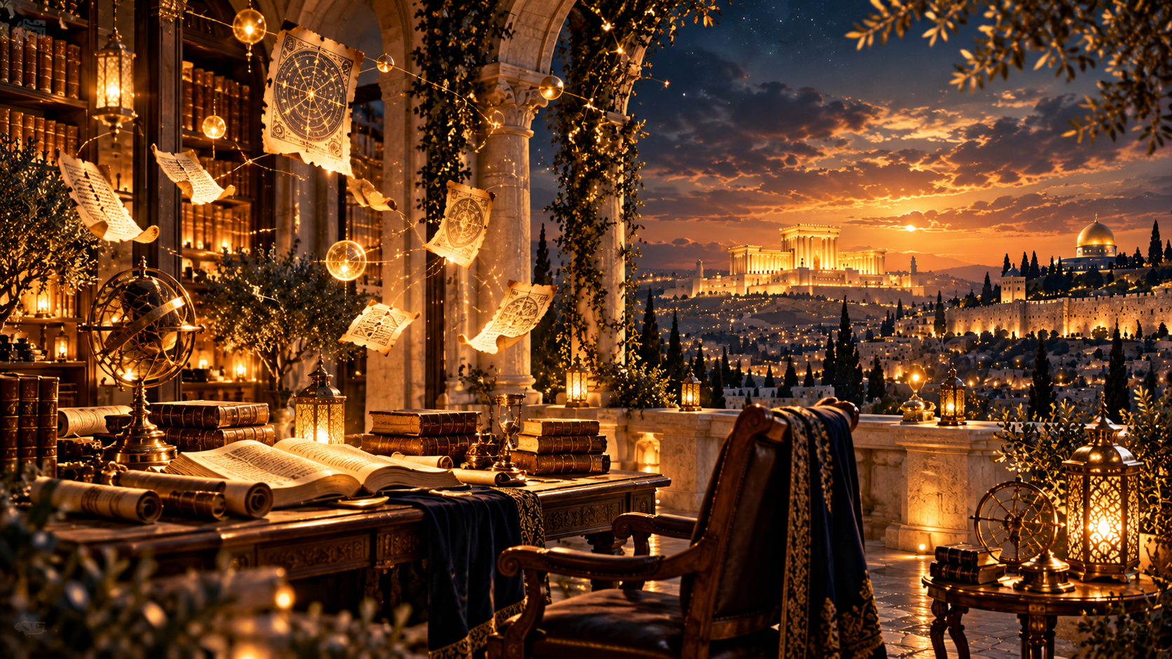 The Balcony of Endless Questions — Quiet study terrace illuminated by lanterns and celestial charts at golden hour