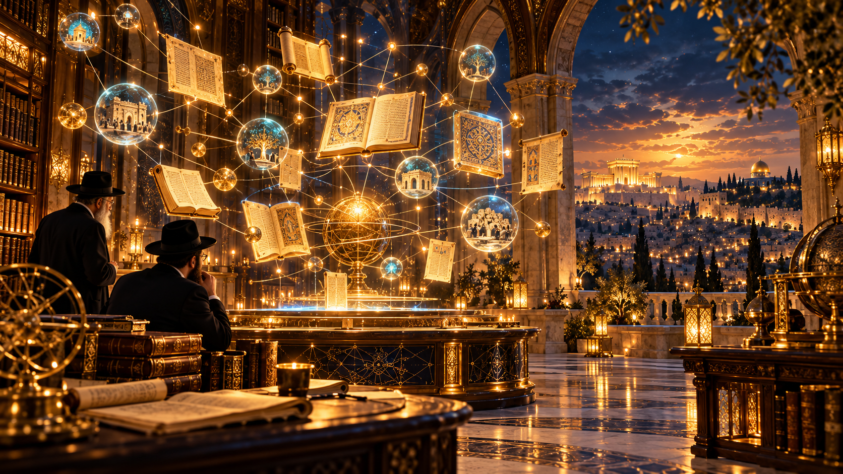 The Living Knowledge Constellation — Ancient scrolls and illuminated spheres mapping centuries of questions in the night library