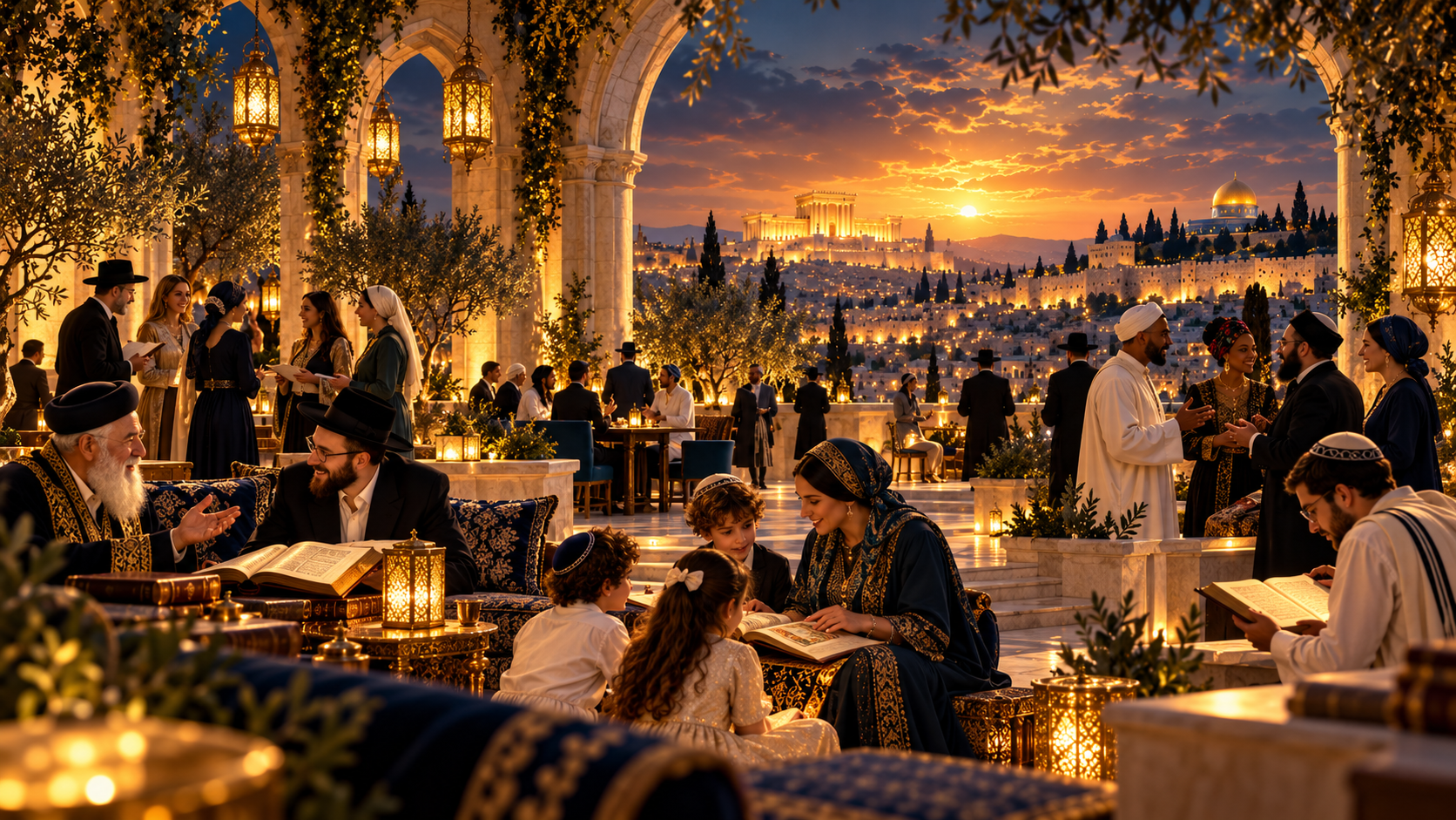 Beit Ha'Vaad Great Hall and study terrace overlooking Jerusalem at golden hour — learners, families, and scholars in shared study
