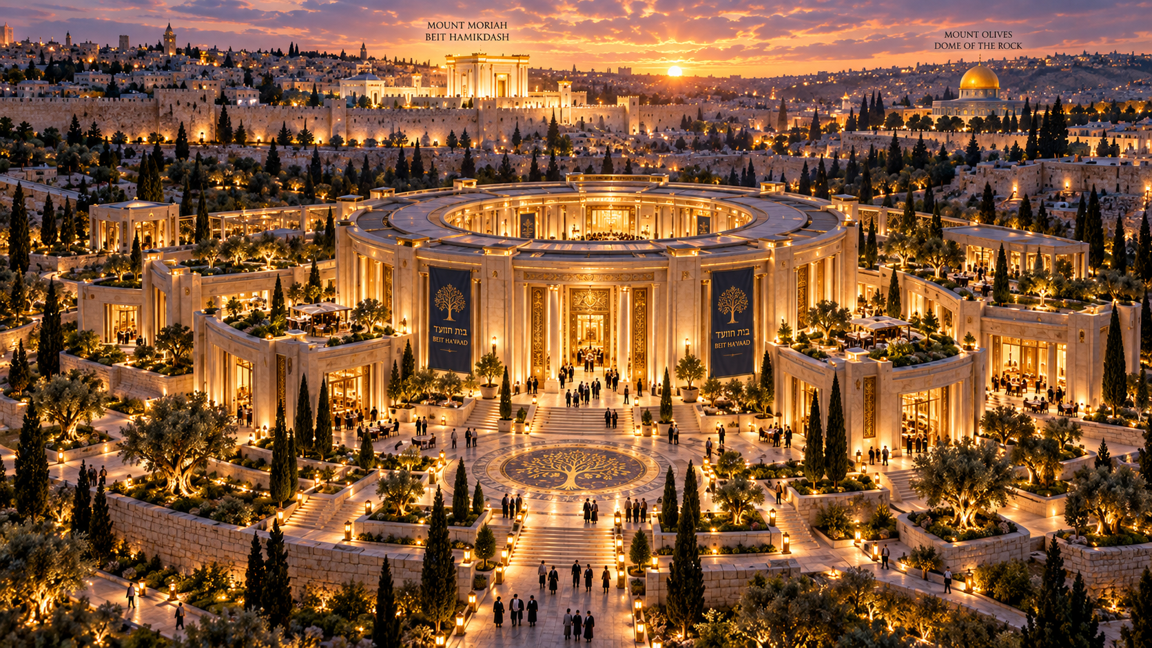 The Sanctuary & Terraced Gardens — Bird's-eye architectural view of the circular Beit Ha'Vaad complex overlooking Jerusalem