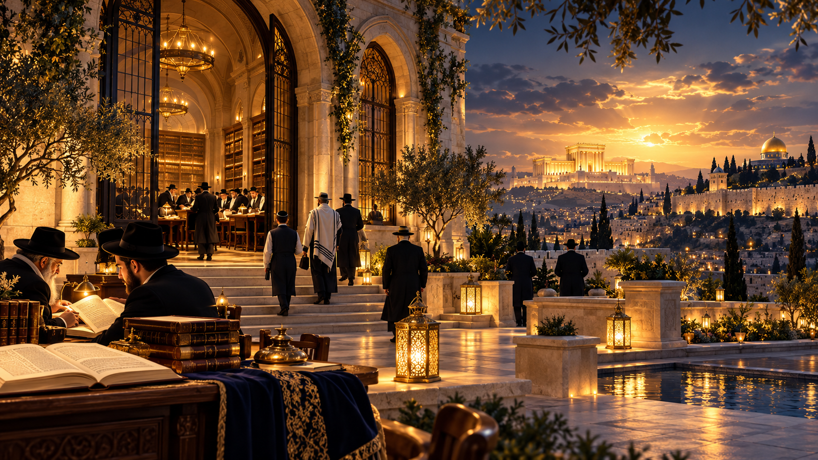 The Midnight Beit Midrash — Warm lanterns glowing through arches as seekers ascend into the library of eternity