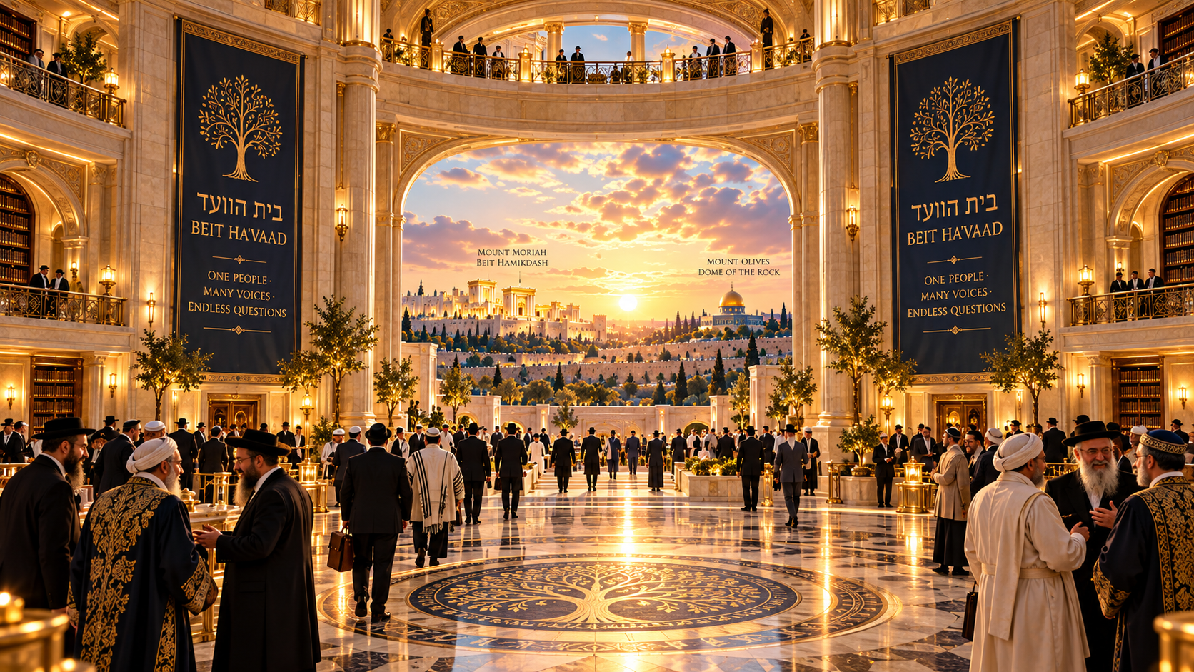 The Great Hall of Gathering — Scholars, rabbis, and learners of all traditions entering through the grand monumental archway