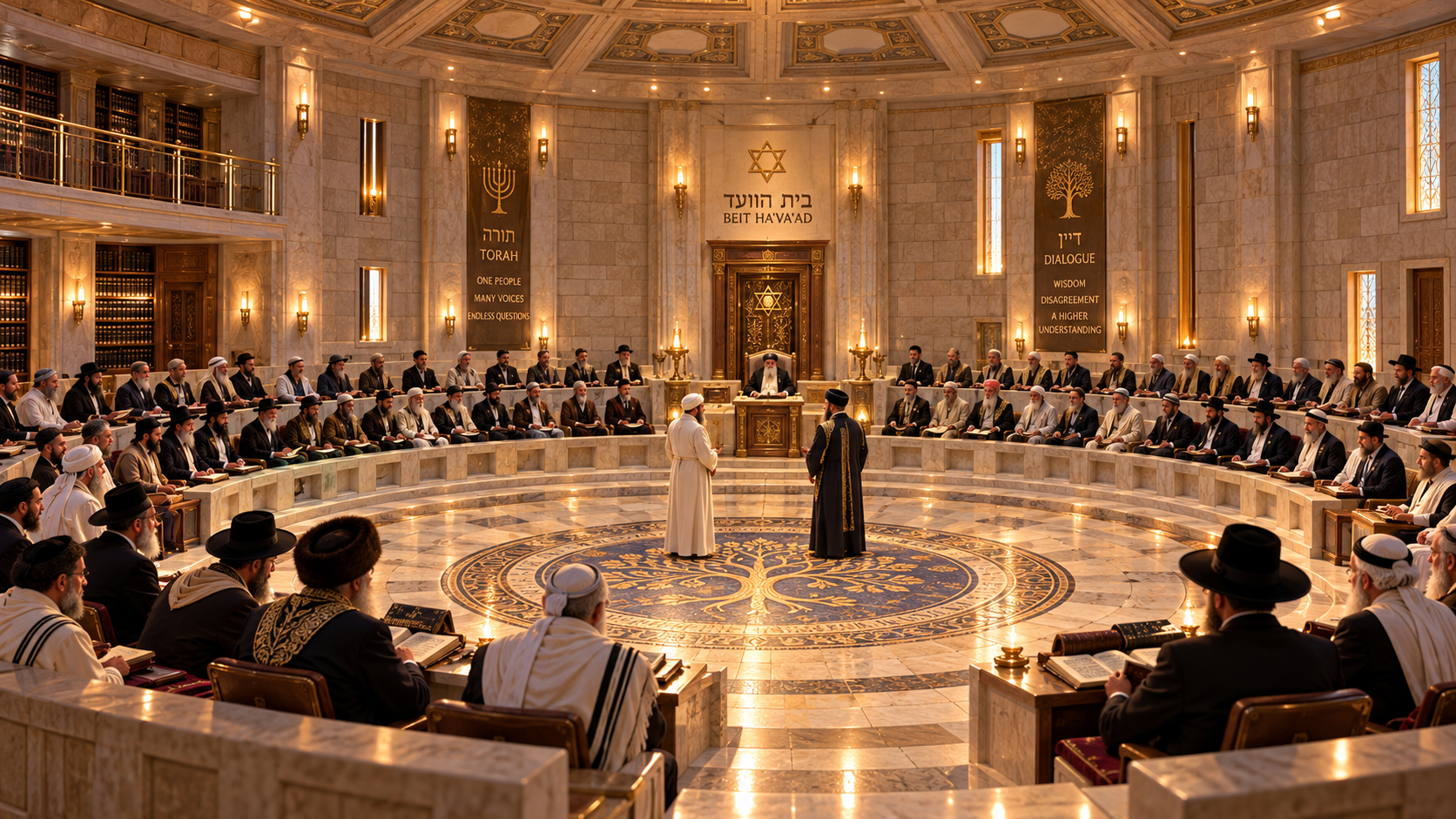 The Semicircular Council Chamber of 71 — 35 scholars on the right, 35 on the left, and the head of the assembly — following the Talmudic semicircle