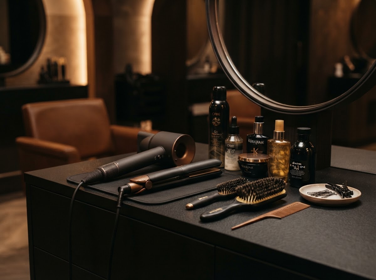 GS Studio styling station with premium products and warm bronze lighting