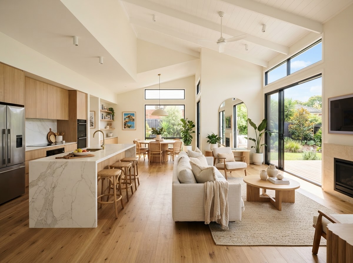 Renovated open-plan kitchen and living area.