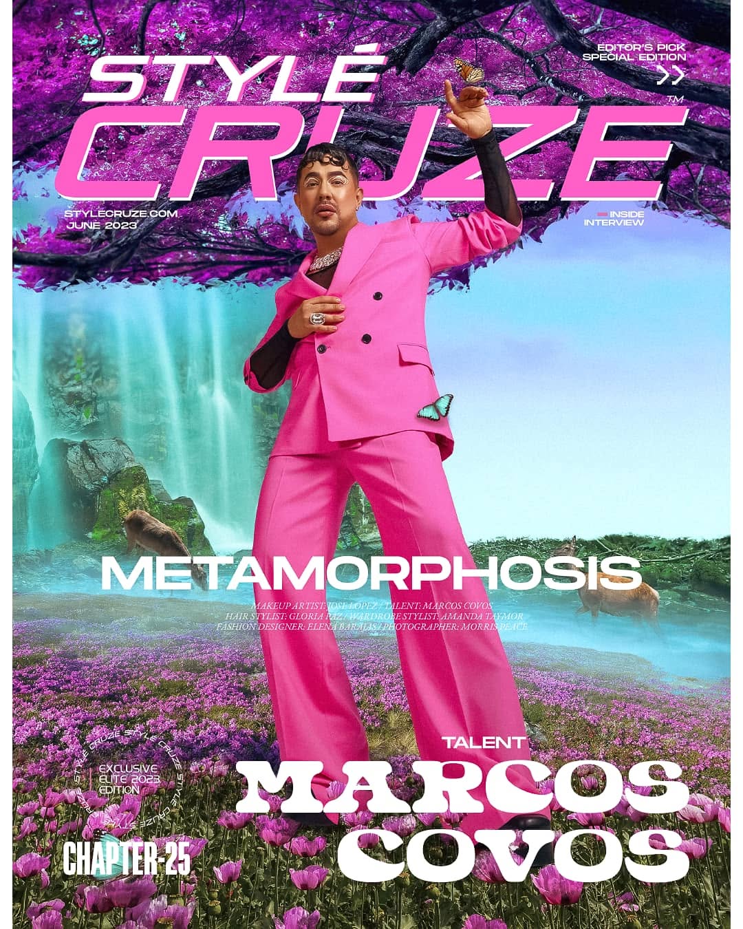 Style Cruze magazine cover featuring talent Marcos Covos in hot pink suit photographed by Morris Peace