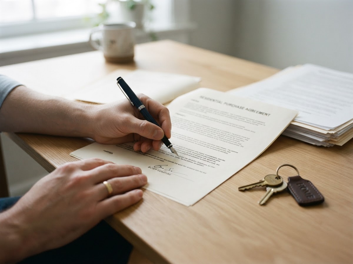 Manos firmando un contrato sobre un escritorio ordenado, con un juego de llaves al lado.