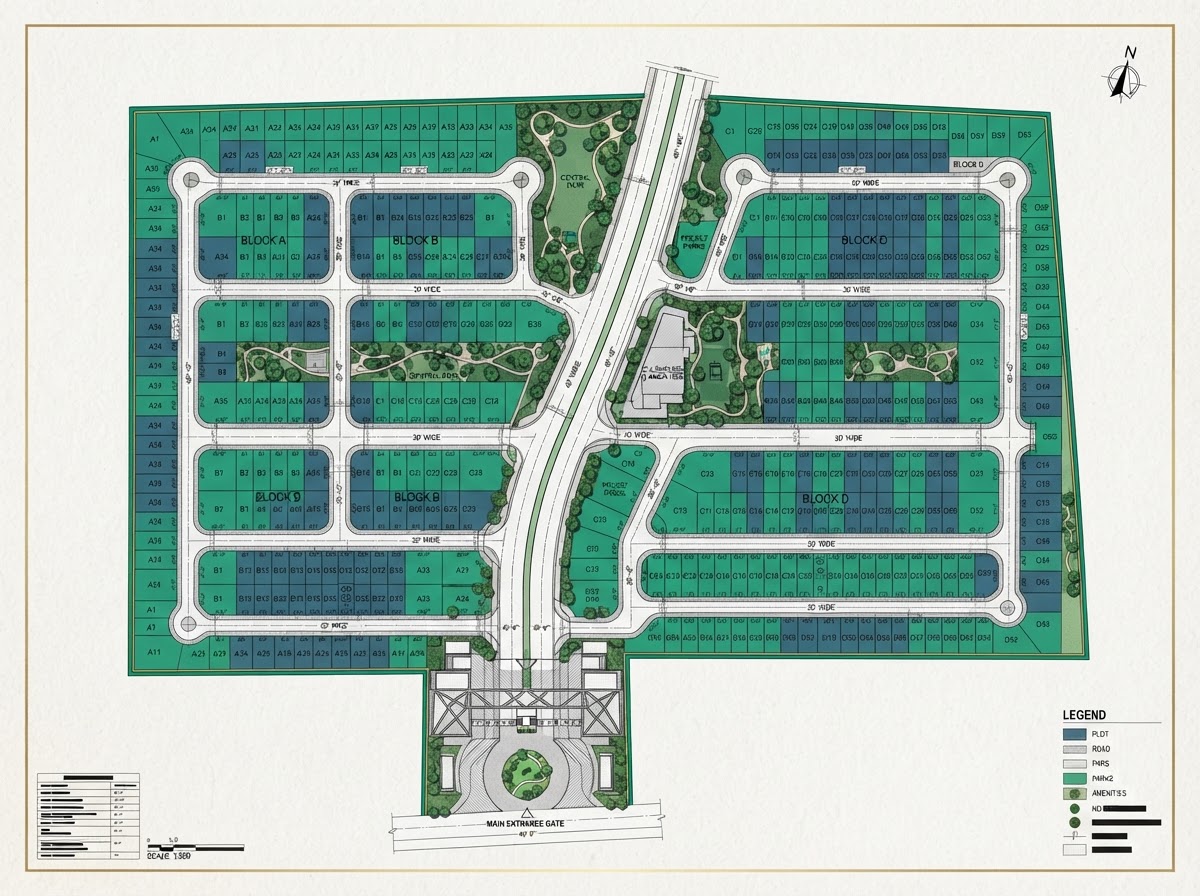 Emerald Nest actual layout plan PDF showing numbered residential plots, dimensions and proposed 40-foot internal roads
