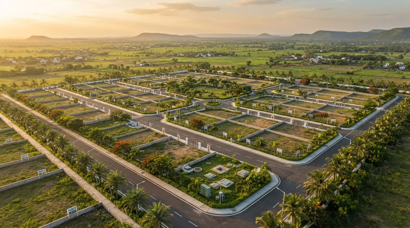 Aerial view of the Emerald Nest residential plotted layout at Jujjuru, Krishna District