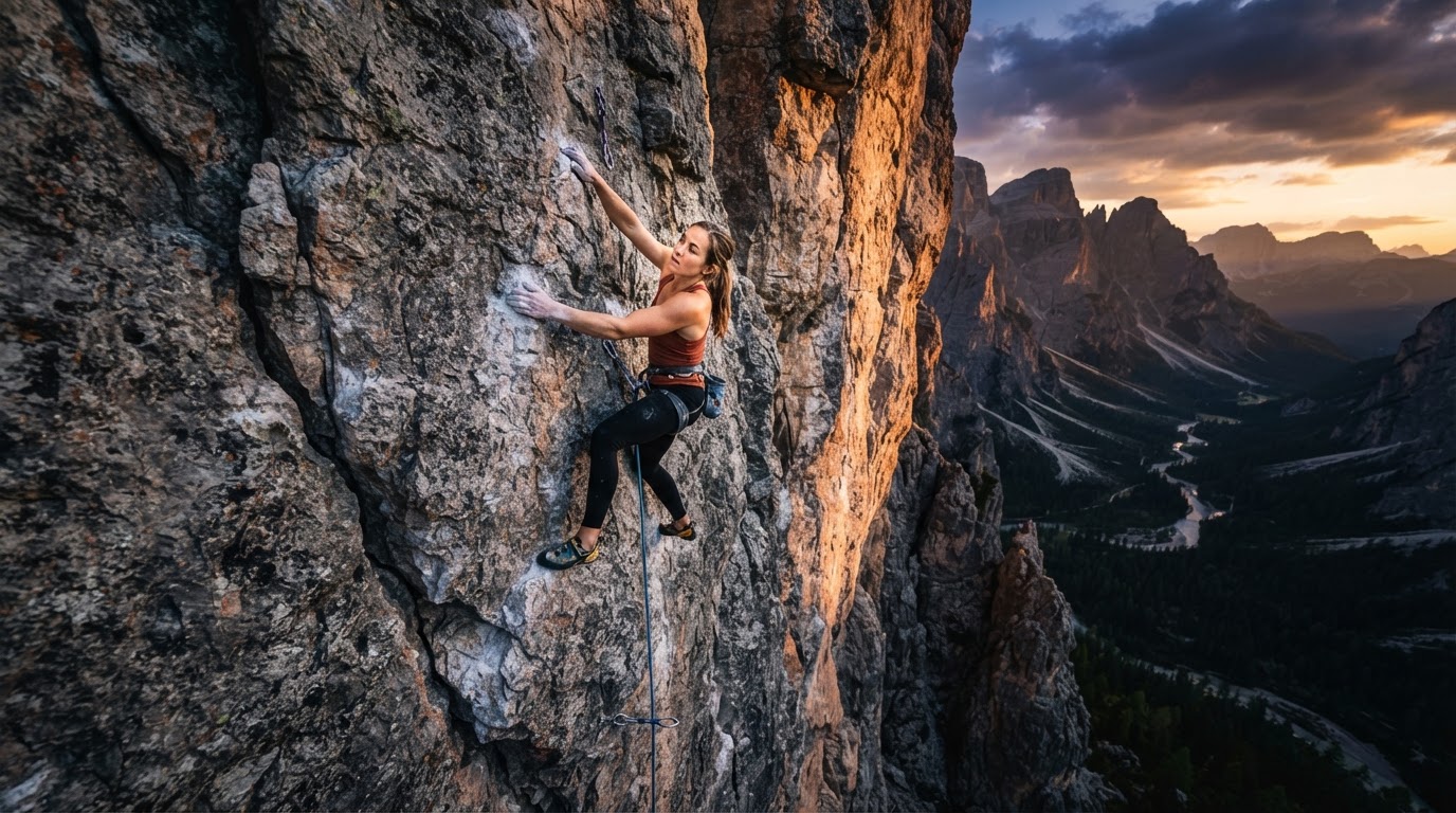 Climber on a sandstone crag at golden hour