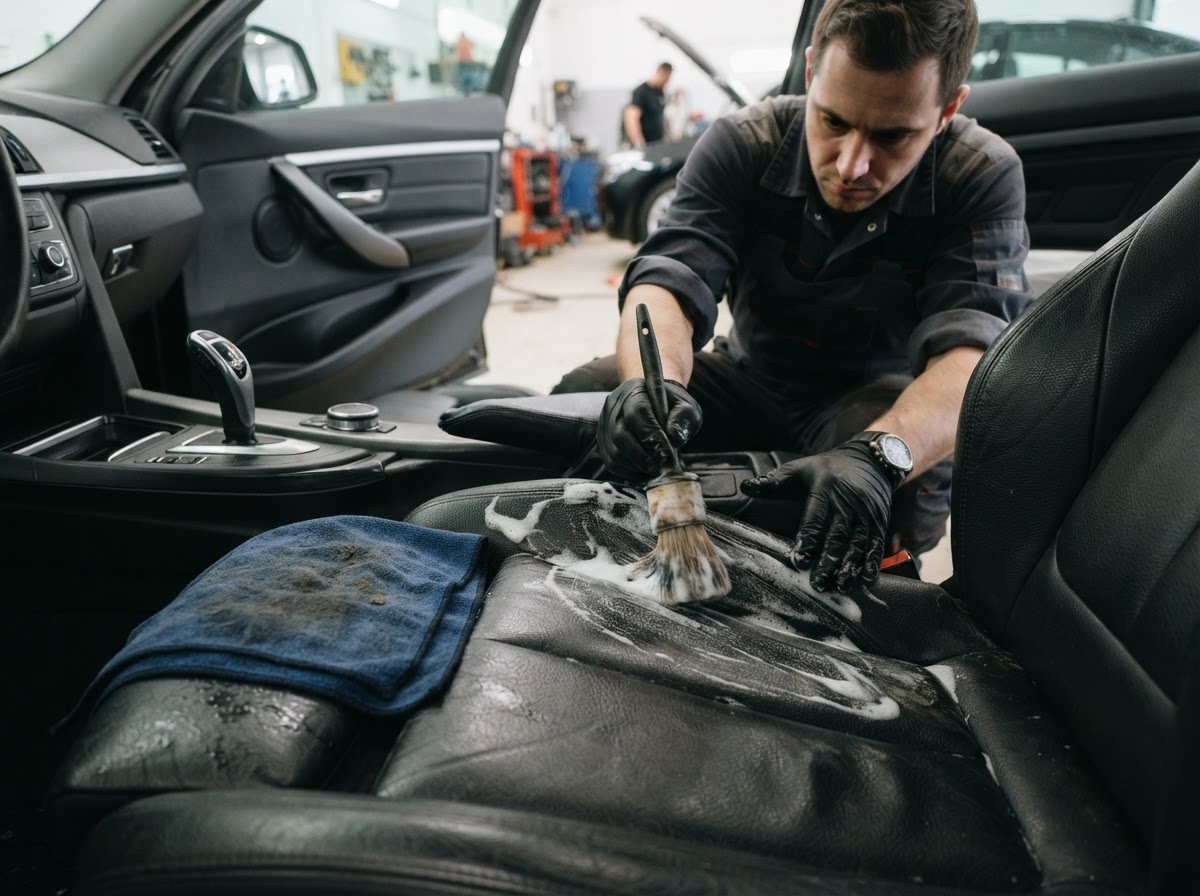 Professionele reiniging van een leren autostoel met borstel en microfiber in Zeewolde