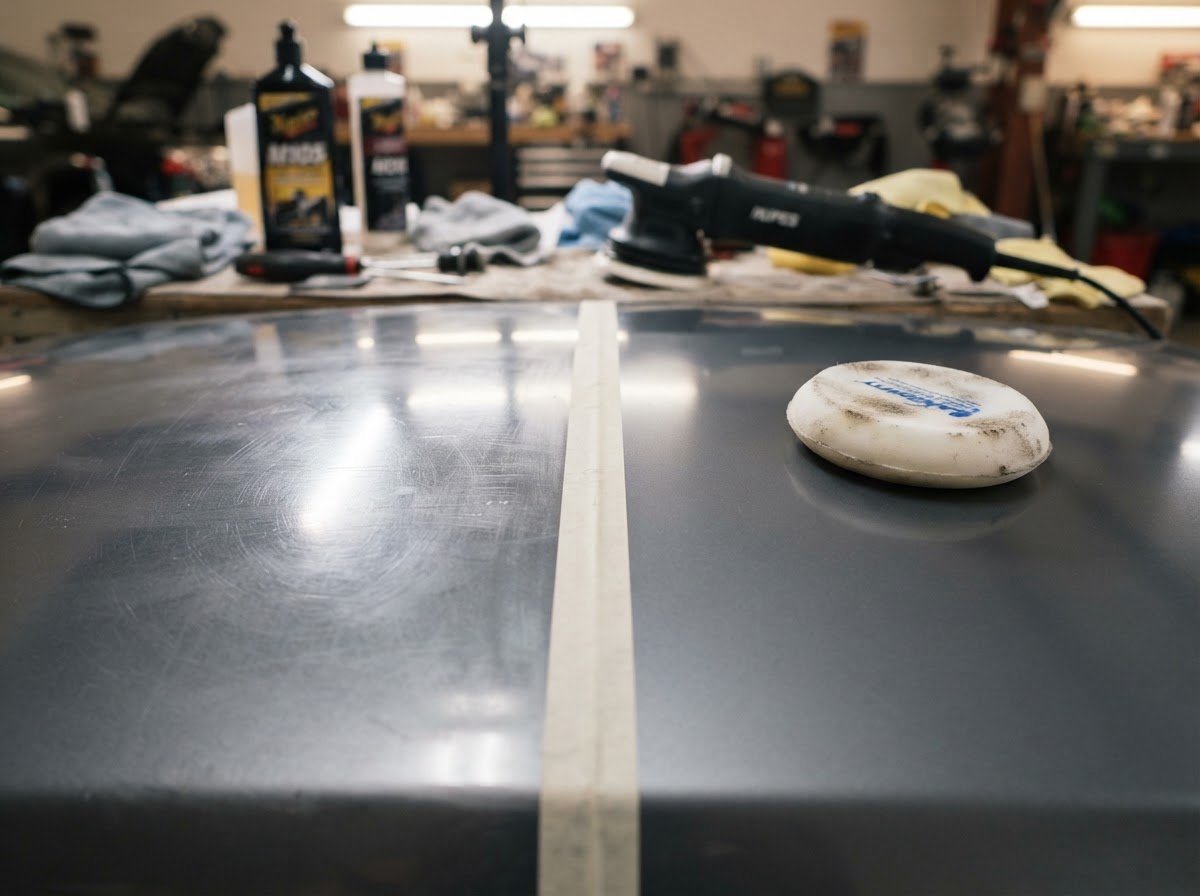 50/50 testspot op een deurpaneel tijdens paint correction in Zeewolde