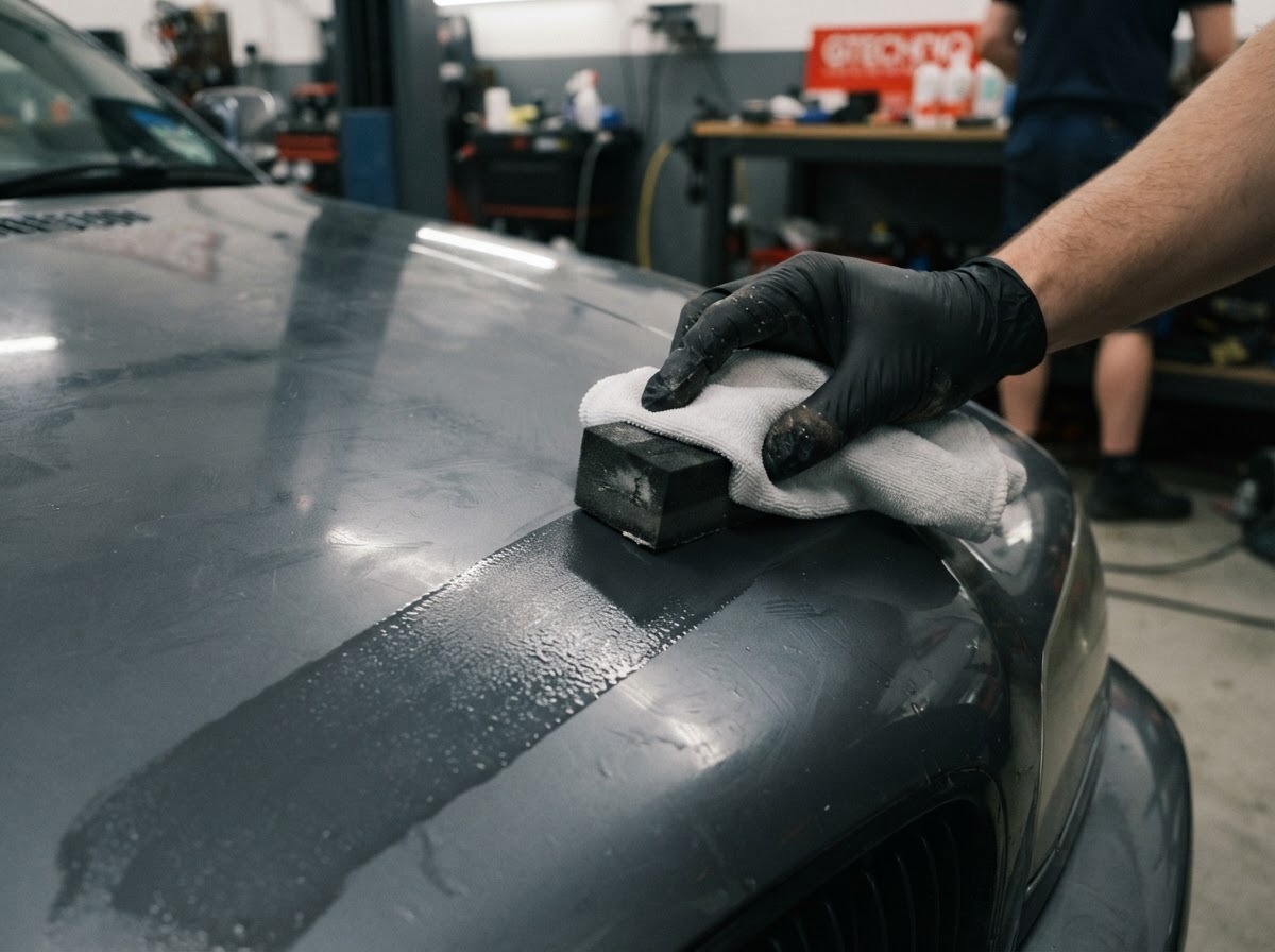 Applicatie van ceramic coating op een voorbereid lakpaneel in Zeewolde