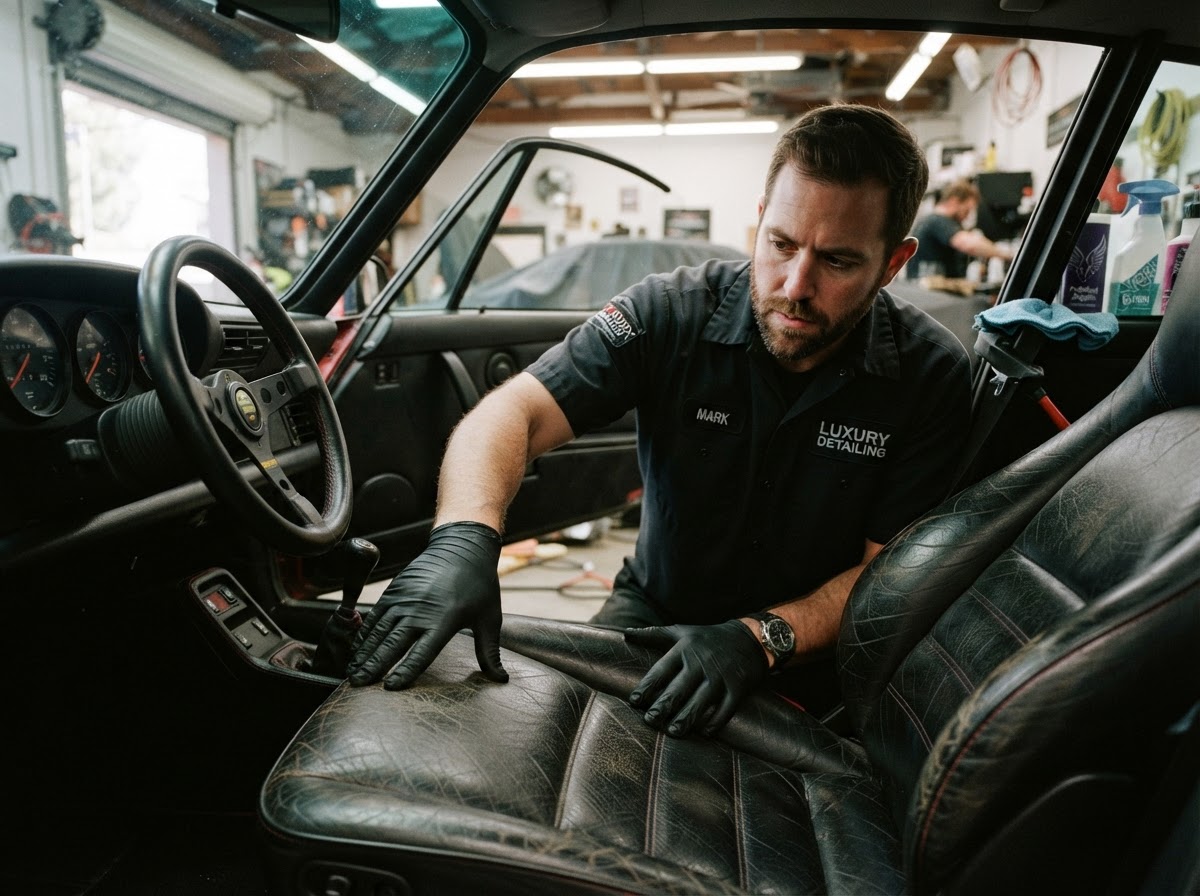 Inspectie van het leertype en de conditie vóór een leerbehandeling bij Lux Car Detailing in Zeewolde
