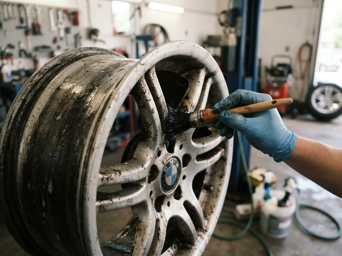 Reiniging van velgen en remstof tijdens complete car detailing in Zeewolde