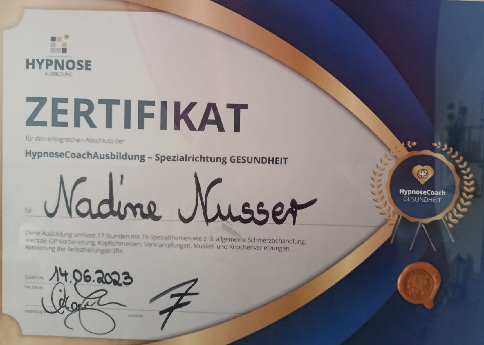Zertifikat HypnoseCoach Spezialrichtung Gesundheit – Nadine Nusser