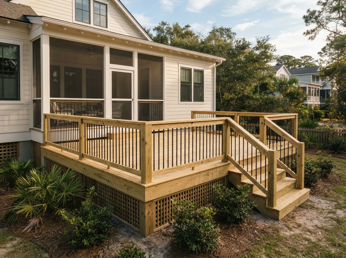 Repaired deck with tight new boards and sturdy railing by Protech Decks