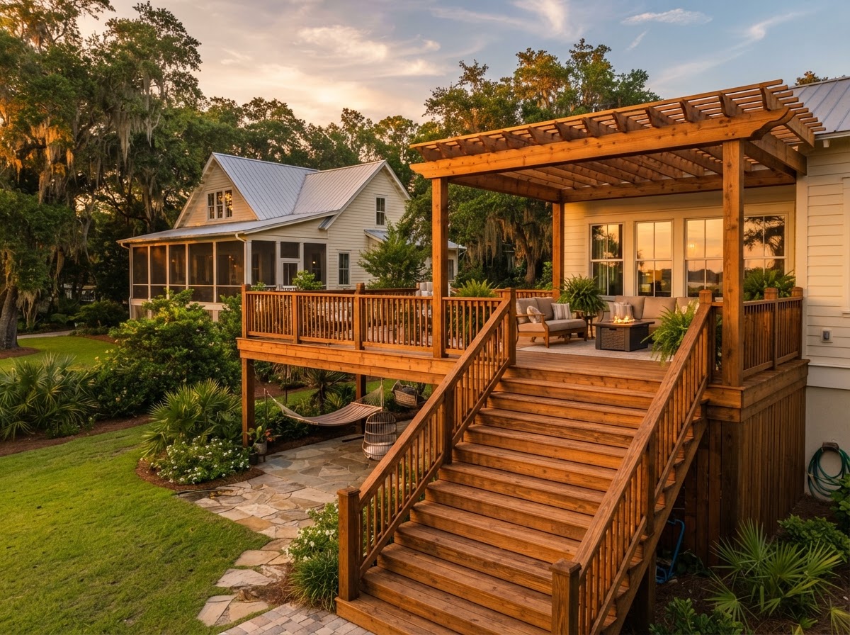 Cleaned and sealed deck with pergola in Mobile County, AL