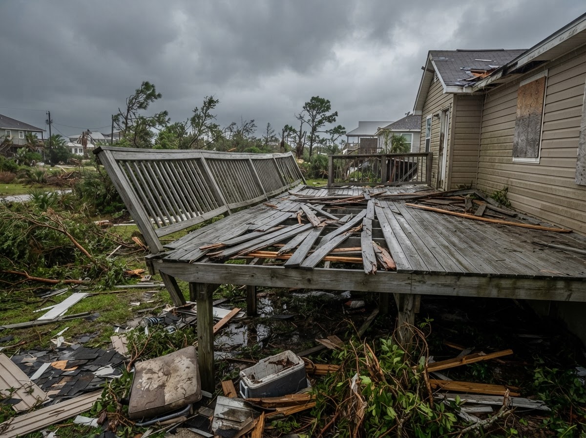 Storm-damaged deck with lifted boards and wobbly railing after Hurricane Isaias