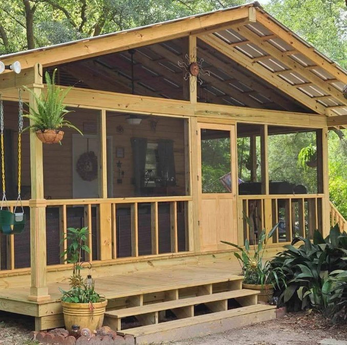 Craftsman Screened Porch with Custom Entry Stairs by Protech Decks in South Mobile County