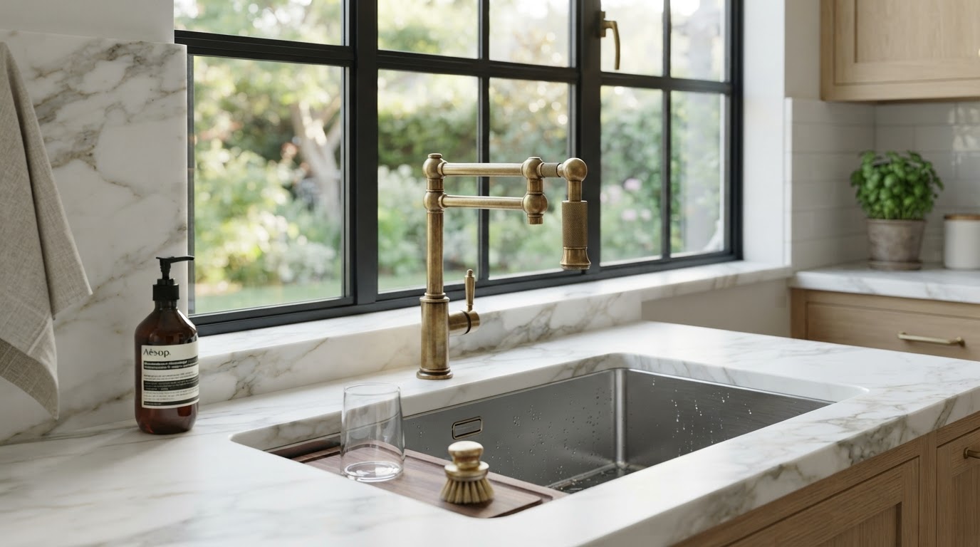 Modern brass faucet and clean kitchen sink details