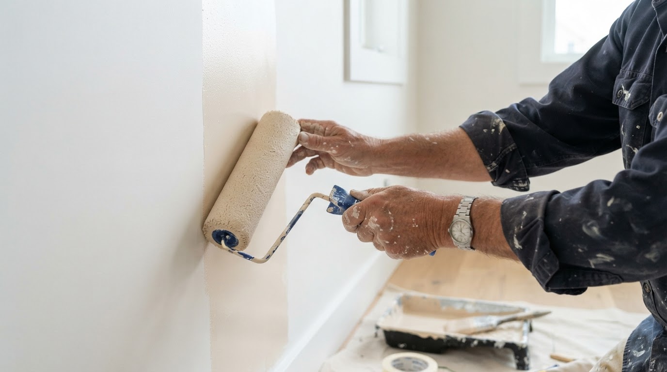 Contractor applying paint with a roller on fresh drywall
