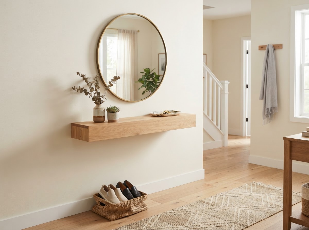 Mounted TV and shelves on wall in clean living space