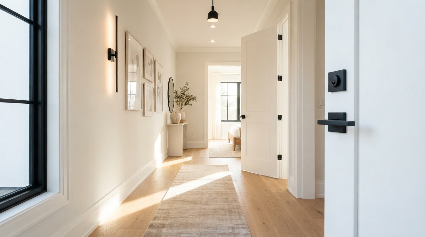 Interior door and trim with clean matte black hardware
