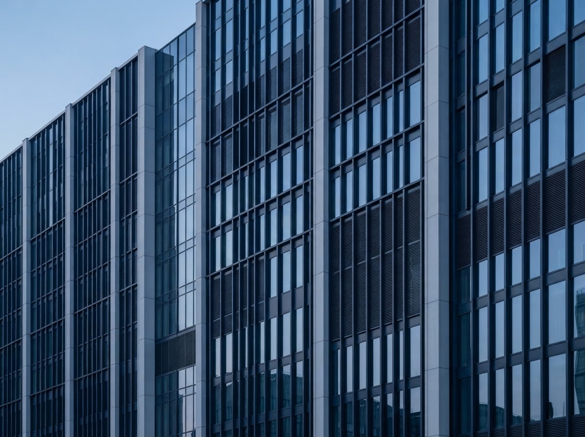 Architectural facade of a modern institutional building with an ordered grid of lines and columns, representing structure and operational discipline.