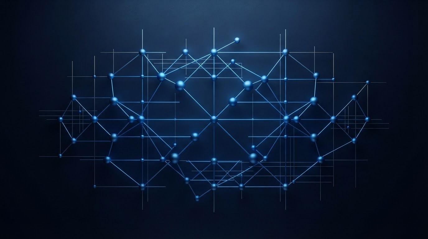 Abstract visualization of connected nodes and structured grid lines representing systems thinking and organized processes.
