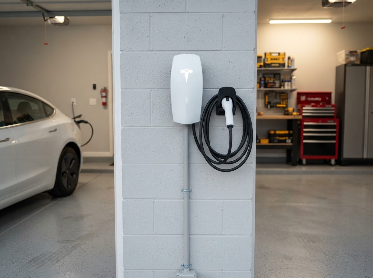 Hardwired Level 2 EV charger installation in a Greenville, SC garage