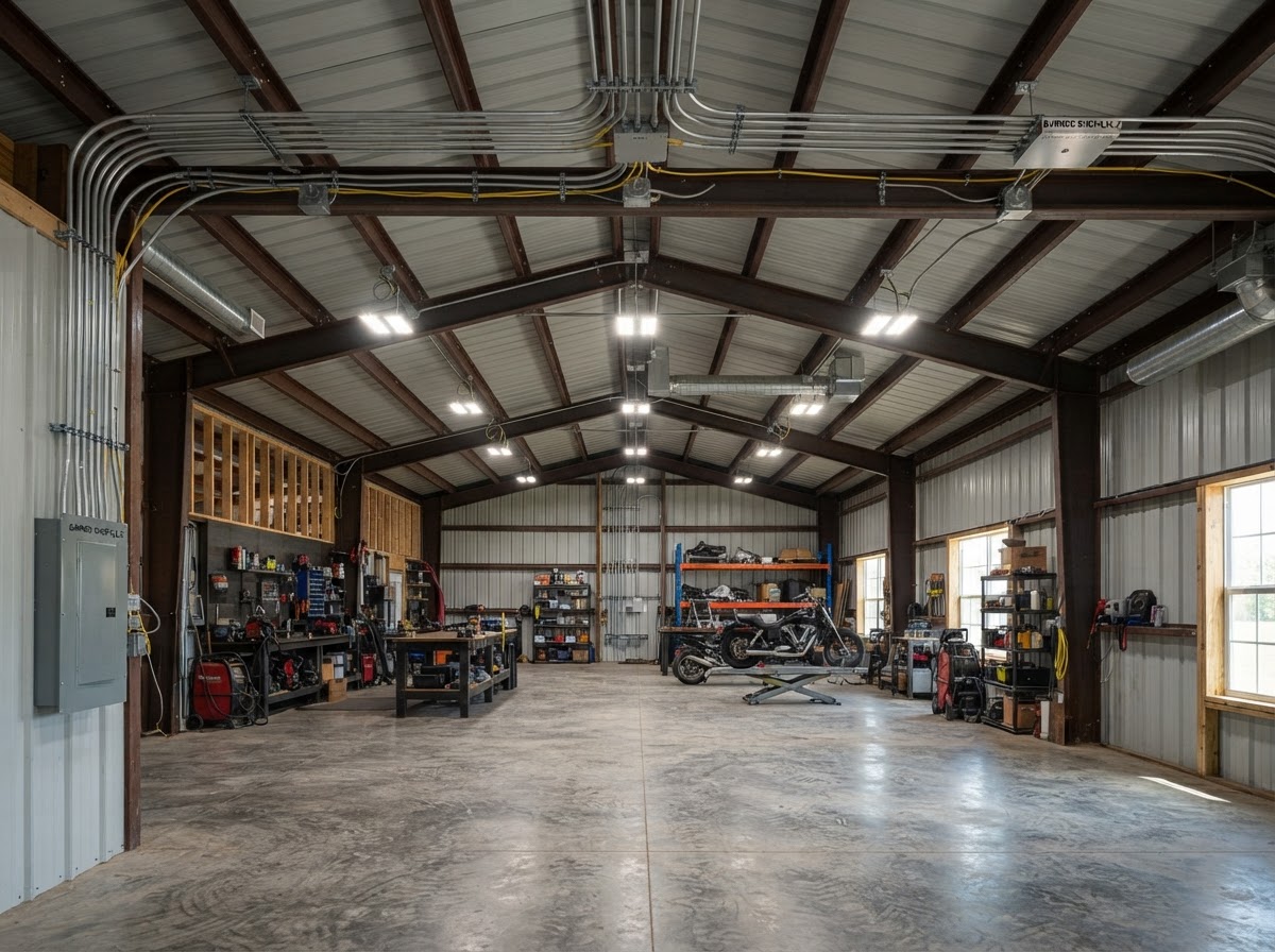 Exposed EMT conduit wiring in a barndominium in Travelers Rest, SC