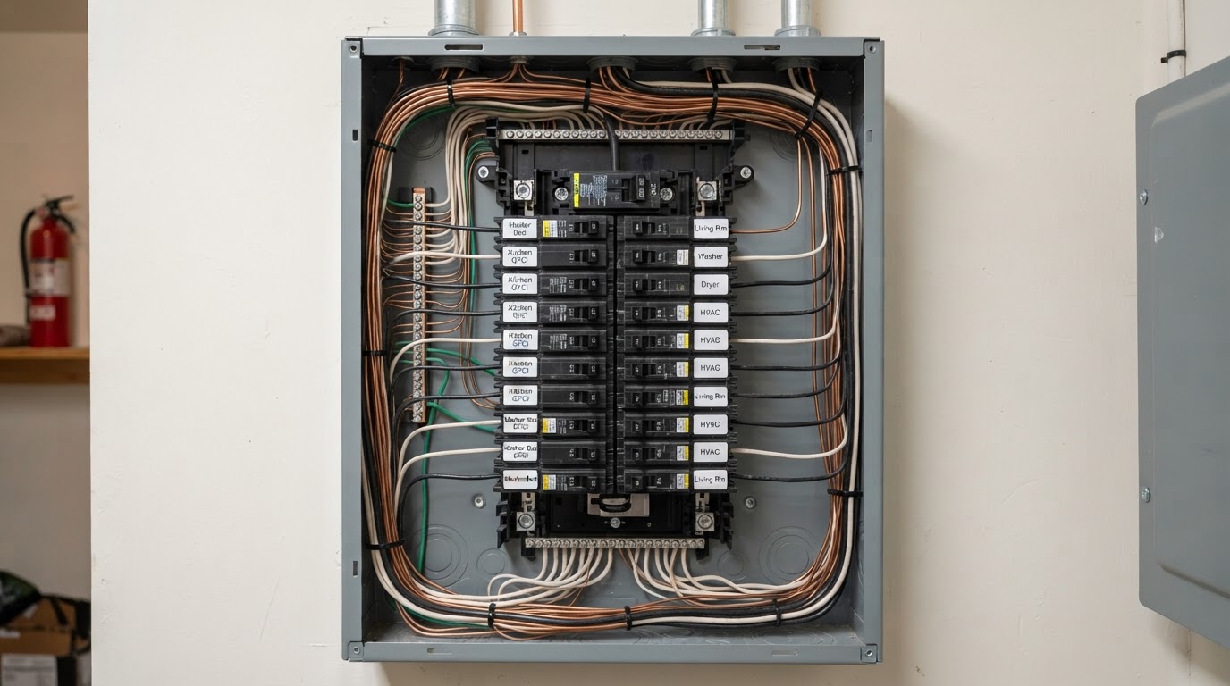 Professional electrician working on a residential breaker panel in Spartanburg, SC