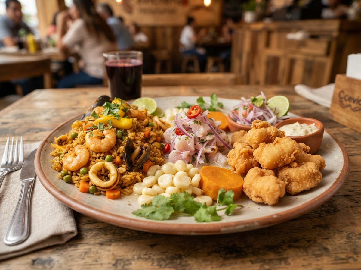 Trio Marino (arroz c/ mariscos, chicharron de pescado y ceviche)