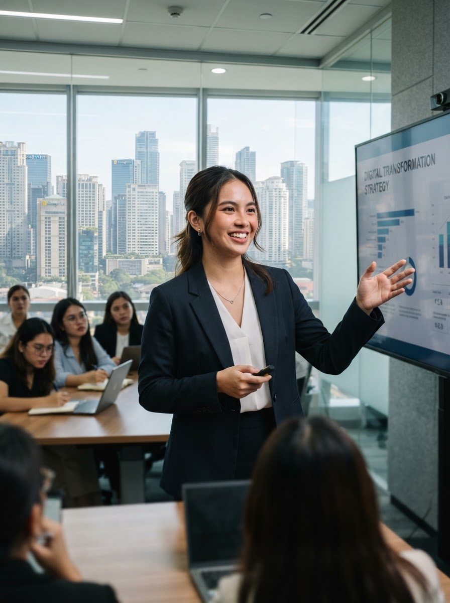 Filipino college intern presenting with confidence