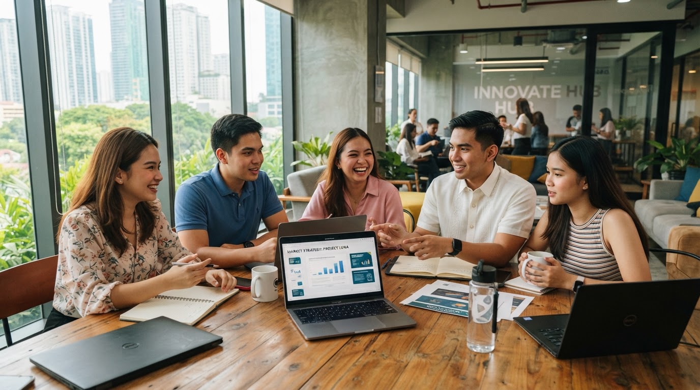 Ambitious Filipino college students collaborating in a business internship