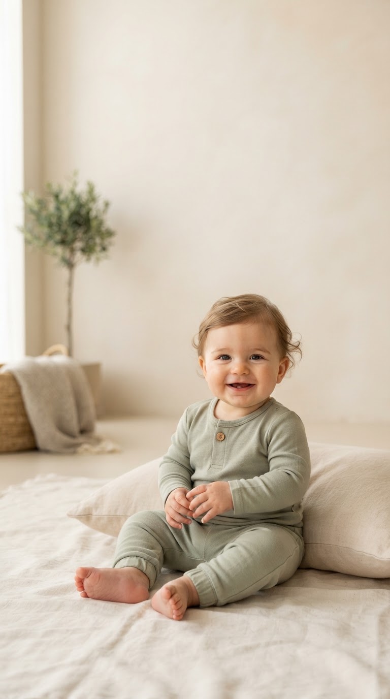 A baby in a sage two-piece outfit sitting on an ivory play mat in natural light