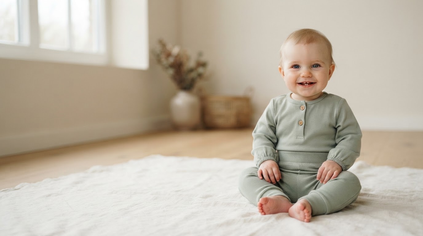 A baby in a sage two-piece outfit sitting on an ivory play mat in natural light