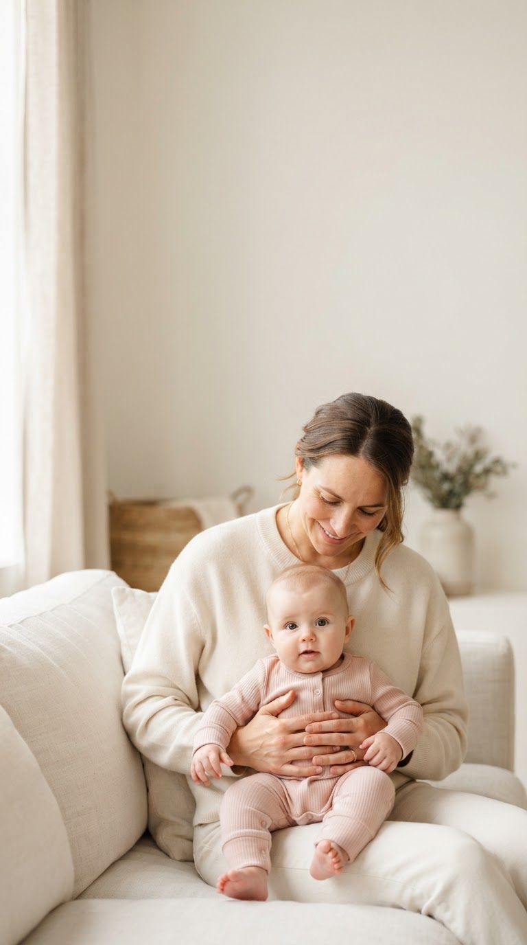 A baby in a blush outfit held by a seated parent in an airy ivory interior