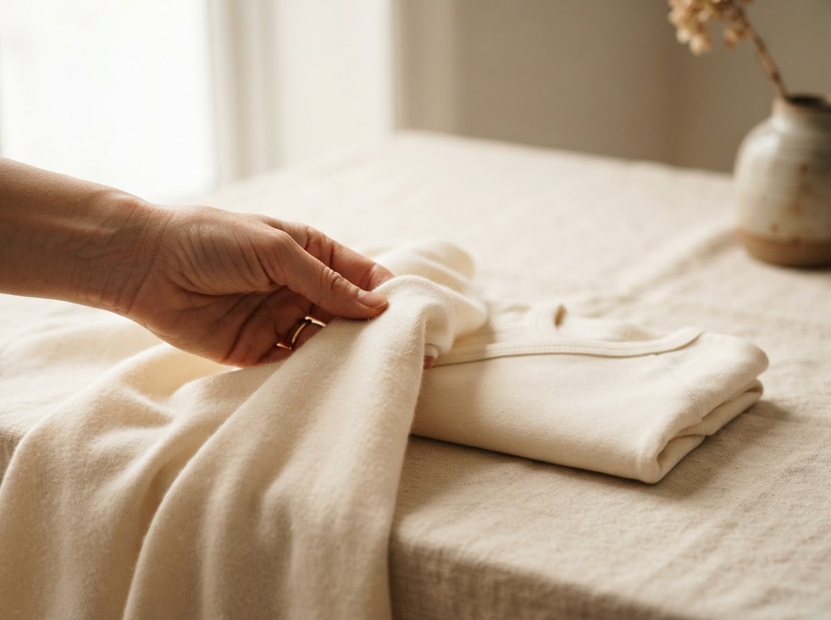 An adult hand gently holding a fold of soft cotton fabric beside a folded baby garment in natural light