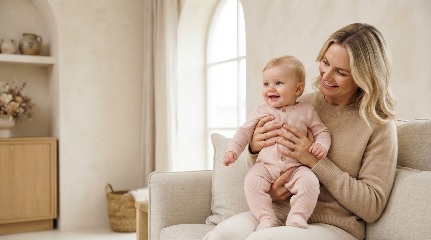 A baby in a blush outfit held by a seated parent in an airy ivory interior