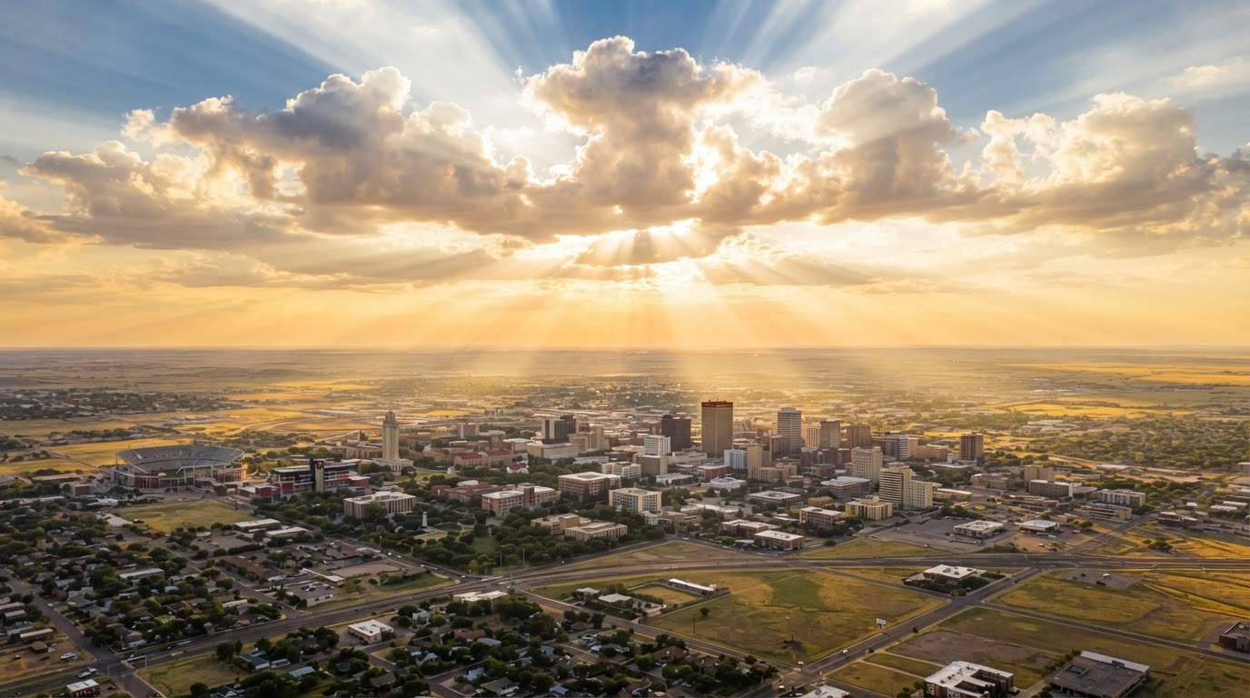Aerial view of Lubbock, Texas at golden sunrise with heavenly light rays