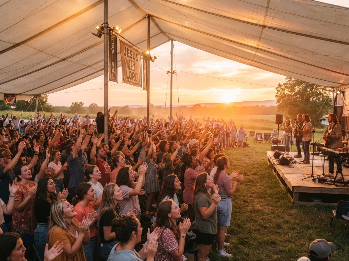 Hands raised in worship at a golden-hour revival tent meeting