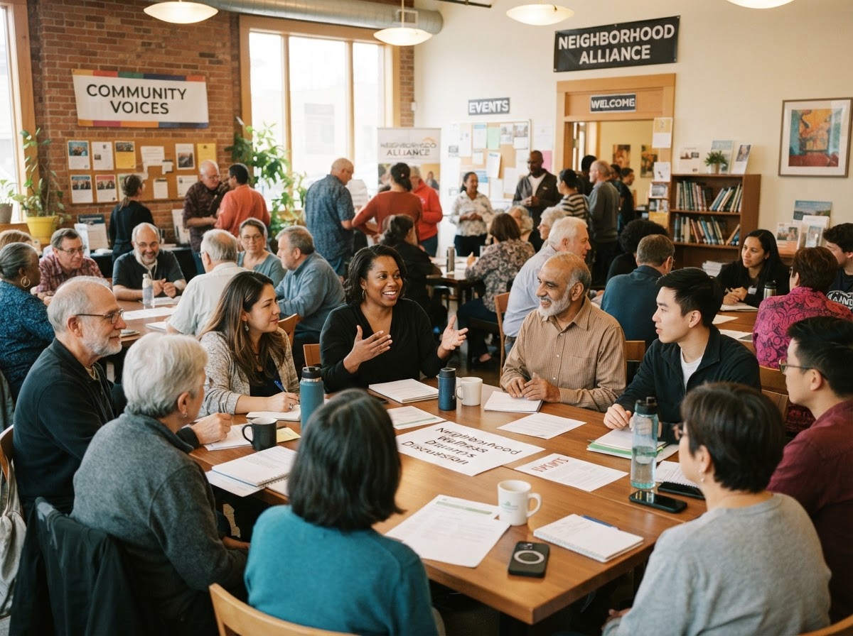 Diverse community members participating in a nonprofit community program gathering in a bright indoor space