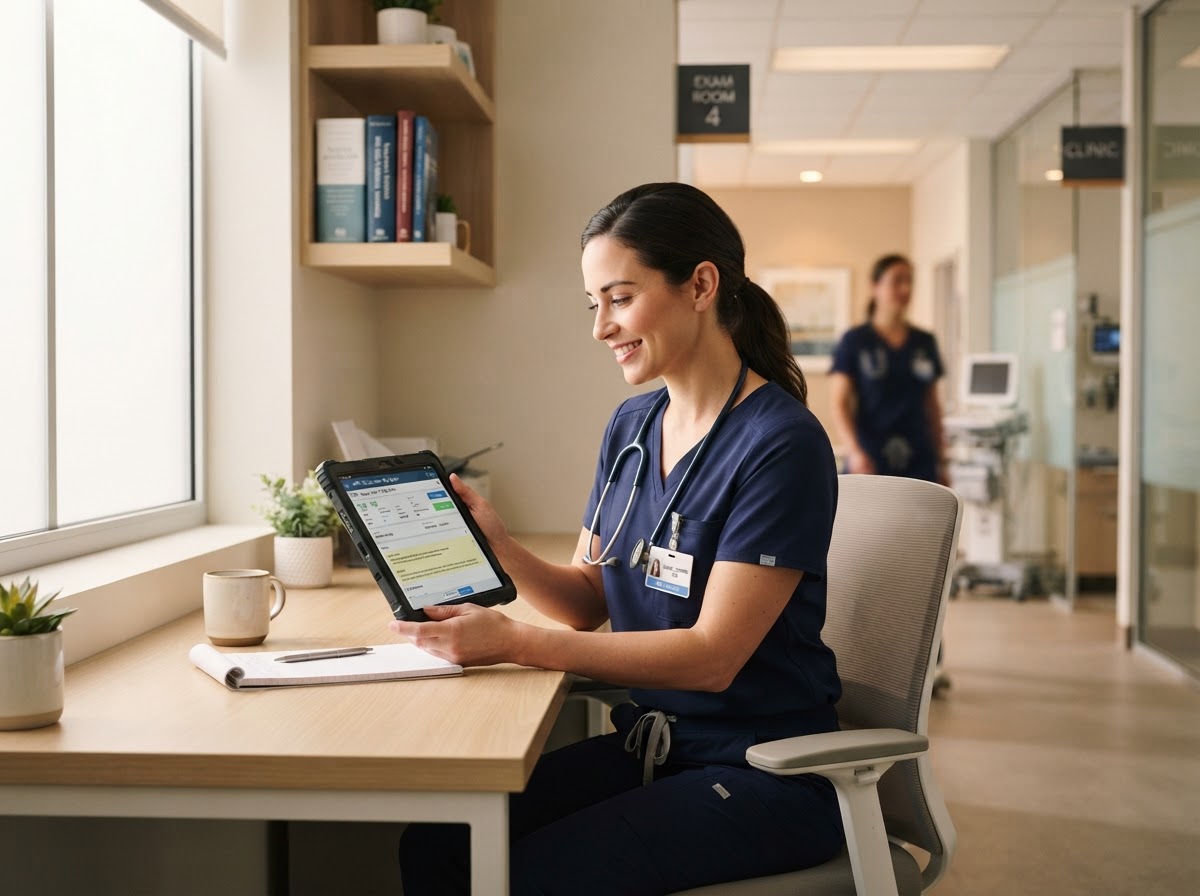 Healthcare professional reviewing patient information on a tablet in a modern clinical setting